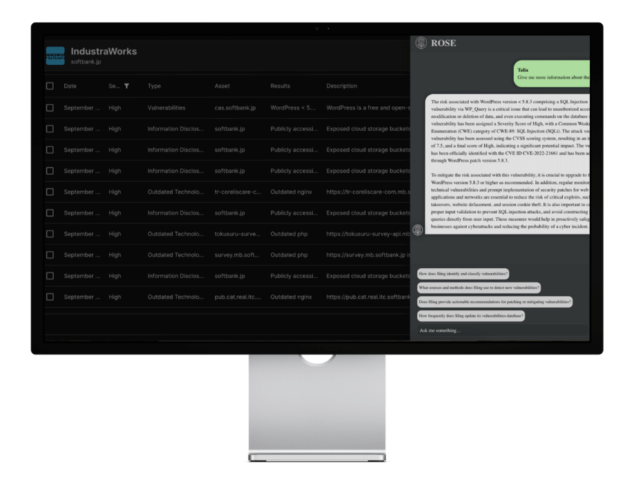 Tabela de achados de um fornecedor com o painel de conversa do ROSE AI explicando uma vulnerabilidade e como mitigá-la