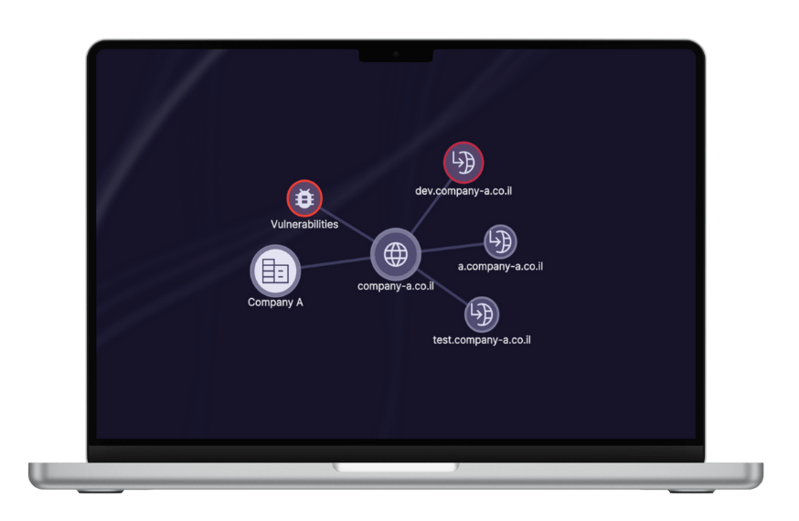 Mapa de ativos e domínios relacionados de um fornecedor, com vulnerabilidade destacada