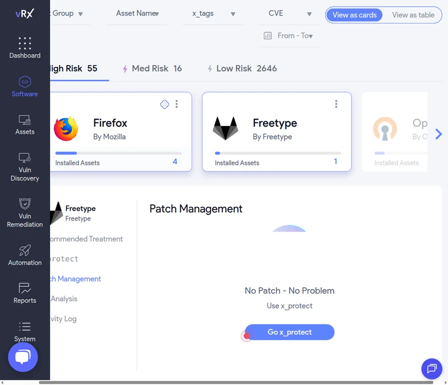 Tela de patch management do vRx oferecendo proteção sem patch (x_protect) para um ativo sem correção disponível