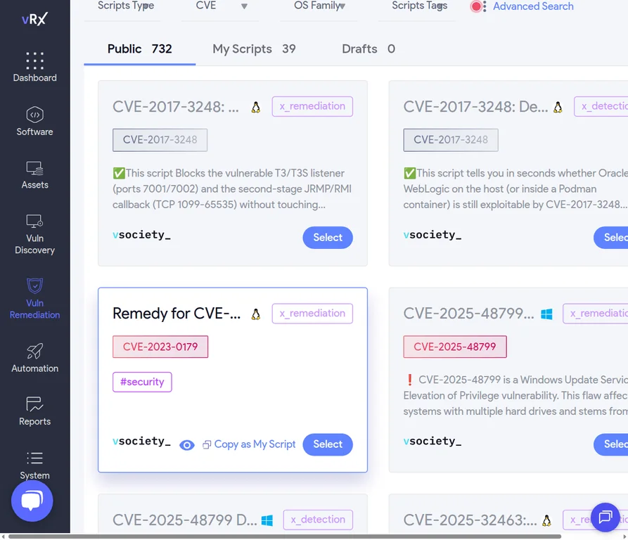 Biblioteca de scripts vSociety do vRx, com scripts públicos por CVE e sistema operacional